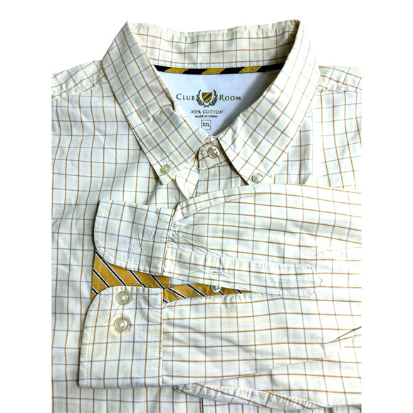 Men's Club Room Button Down Shirt Sz XXL Light Yellow Grid Long-Sleeve Cotton - Picture 3 of 5